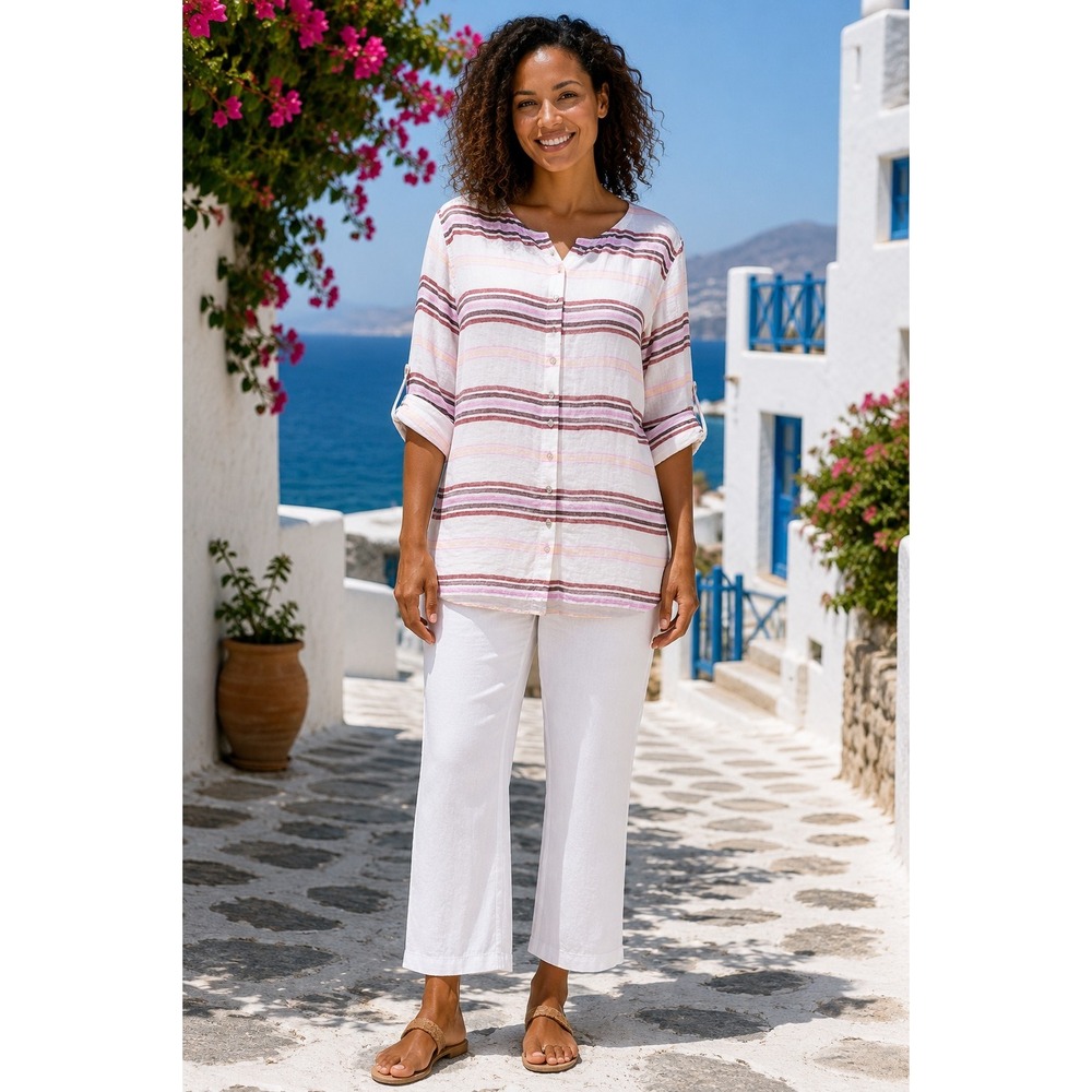 St. Tropez West 100% Linen Tunic Top L Striped Hi Low Roll Tab Boho Coastal